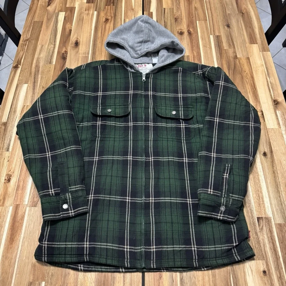 Levis Quilted Lined Shirt Jacket Mens M Green Plaid Hooded Snap Button Shacket - Picture 1 of 7
